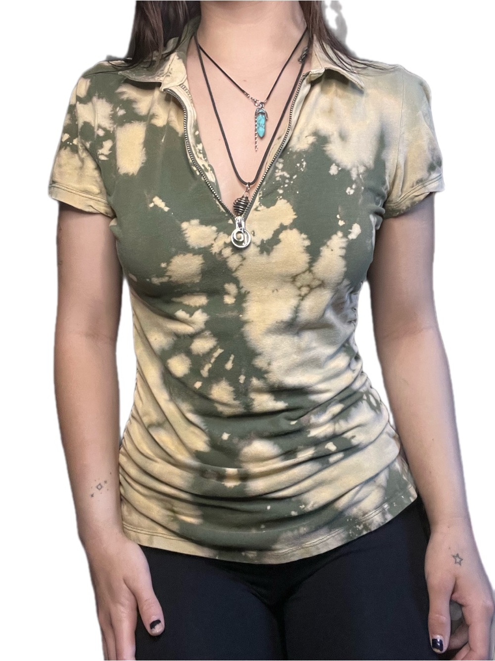 Vintage Y2K Guess by Marciano Olive Tie-Dye Henley Top, S/M, PTP 17"